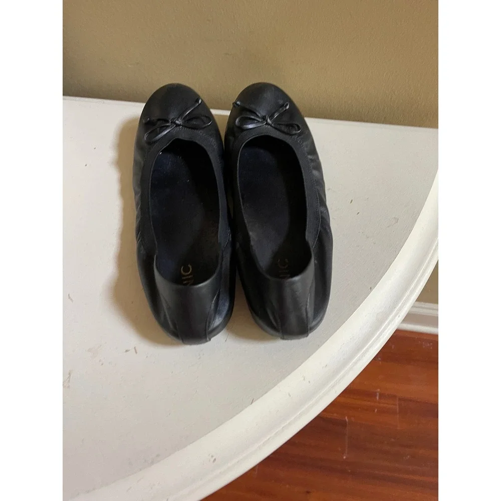 Vionic Matira Black Leather Ballet Flats Bow Detail Orthotic Support Womens 8.5
